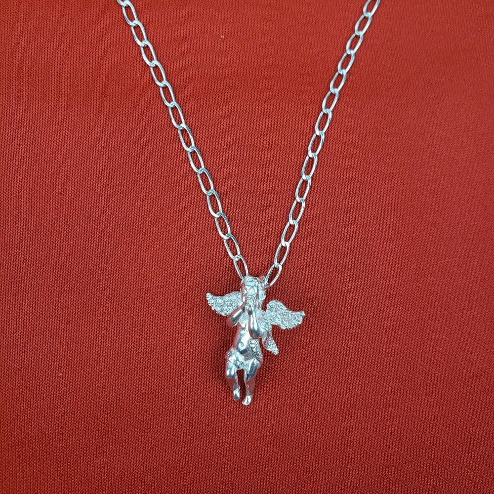 925 sterling‎ silver angel pendant with zircon and 925 silver chain